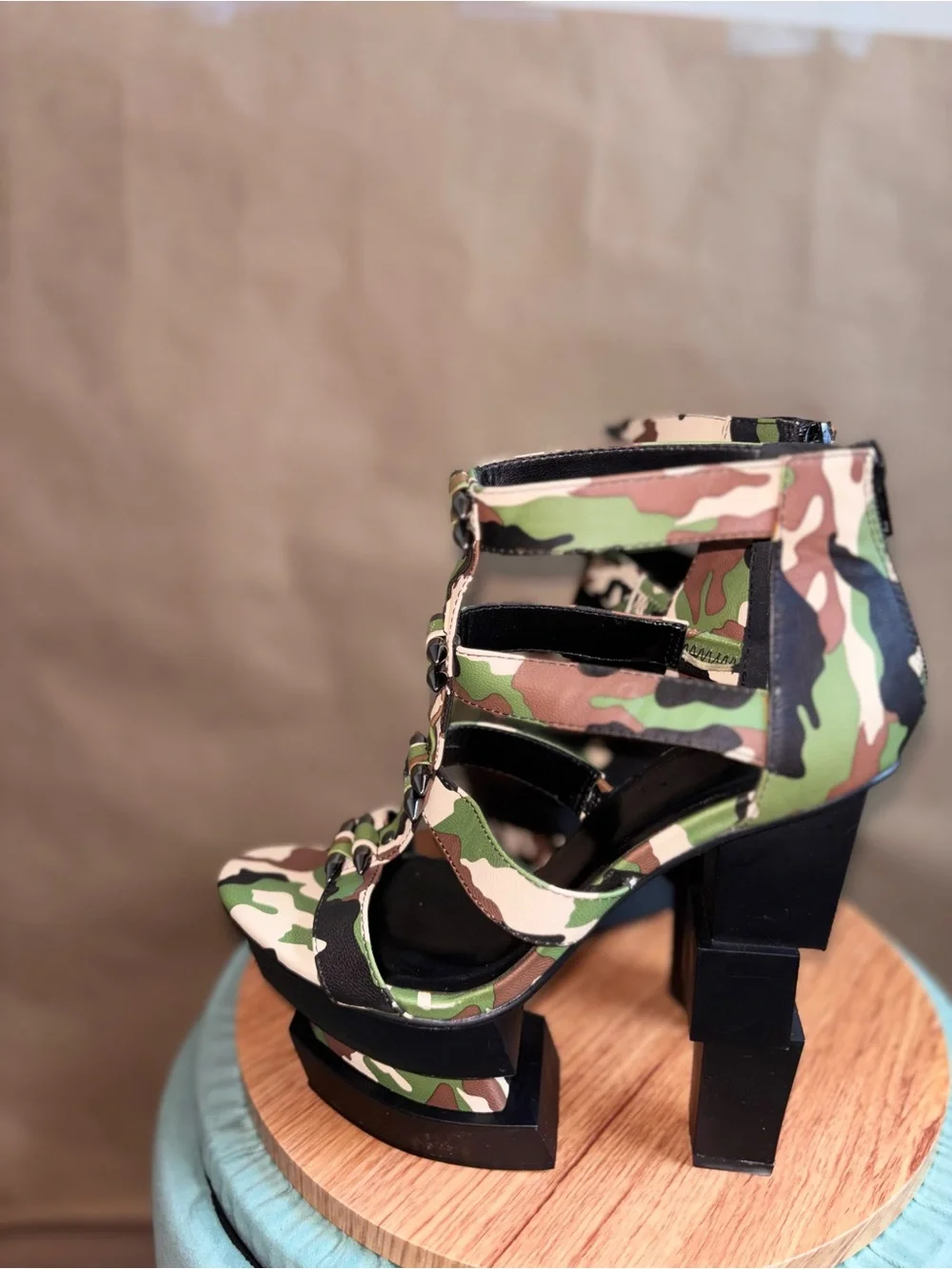 Camouflage Platform Strappy Heels with Spike Detail. Size 8